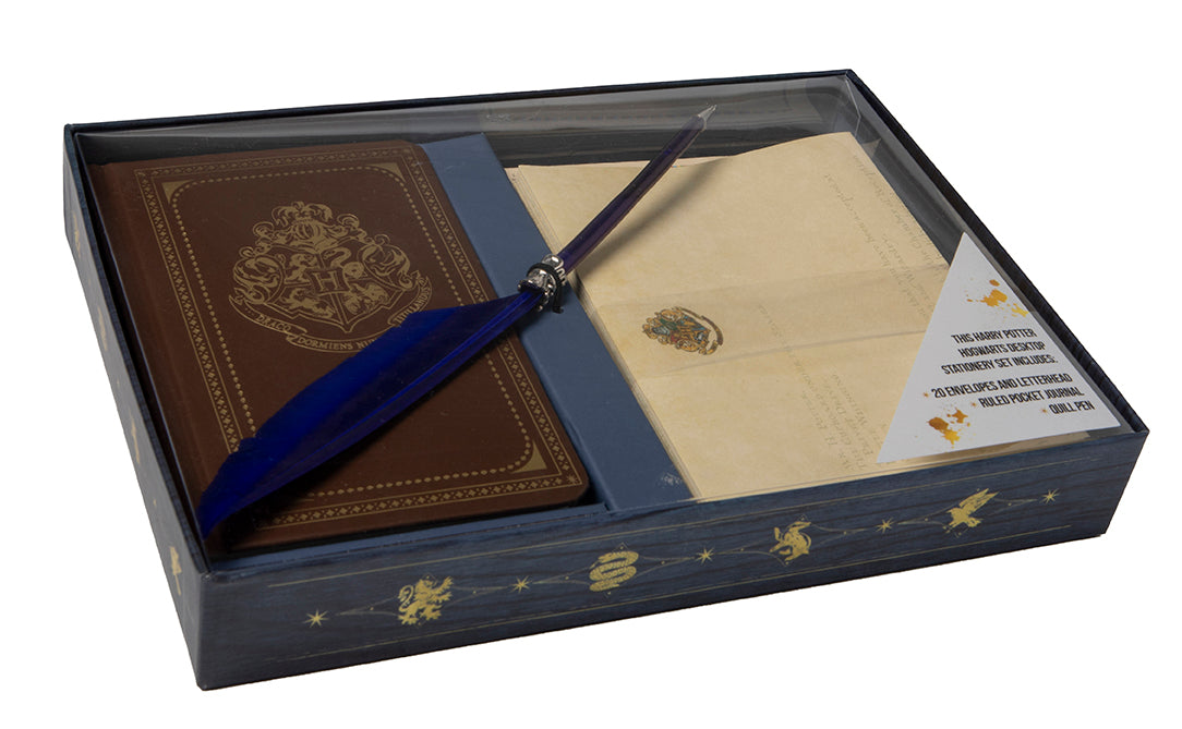 Harry Potter Hogwarts stationery set with pen, includes themed notebooks, sticky notes, and writing accessories from Insight Editions.