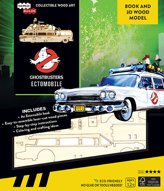 IncrediBuilds Ghostbusters Ectomobile book and 3D wood model kit, featuring detailed Ghostbusters-themed stationery and collectible design.