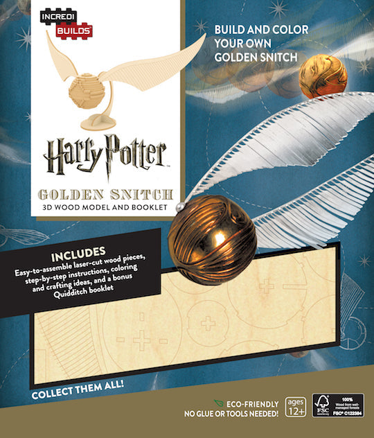 IncrediBuilds Harry Potter Golden Snitch 3D wood model kit with detailed wooden parts for assembling a collectible Harry Potter-themed ornament.