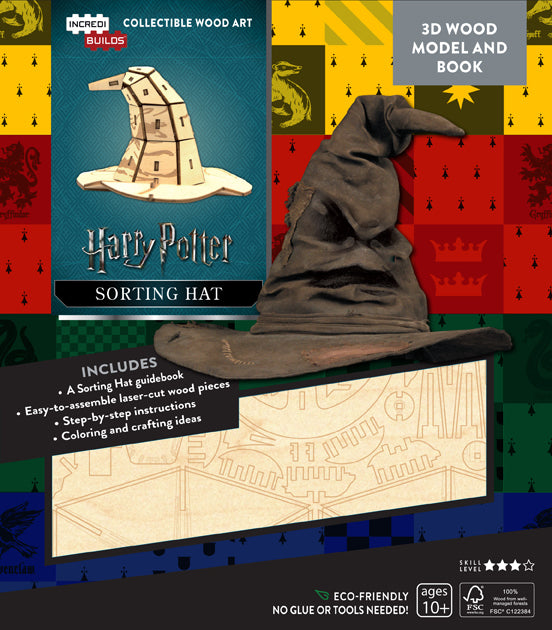 Insight Editions Harry Potter Sorting Hat 3D wood model kit with accompanying book, perfect for gift or stationery enthusiasts.