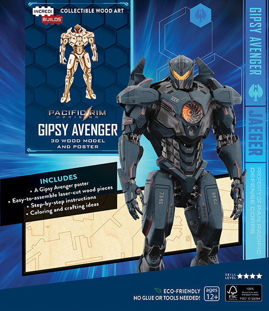 IncrediBuilds Pacific Rim Uprising Gipsy Avenger 3D wood model kit with poster, featuring detailed Gipsy Avenger robot design.