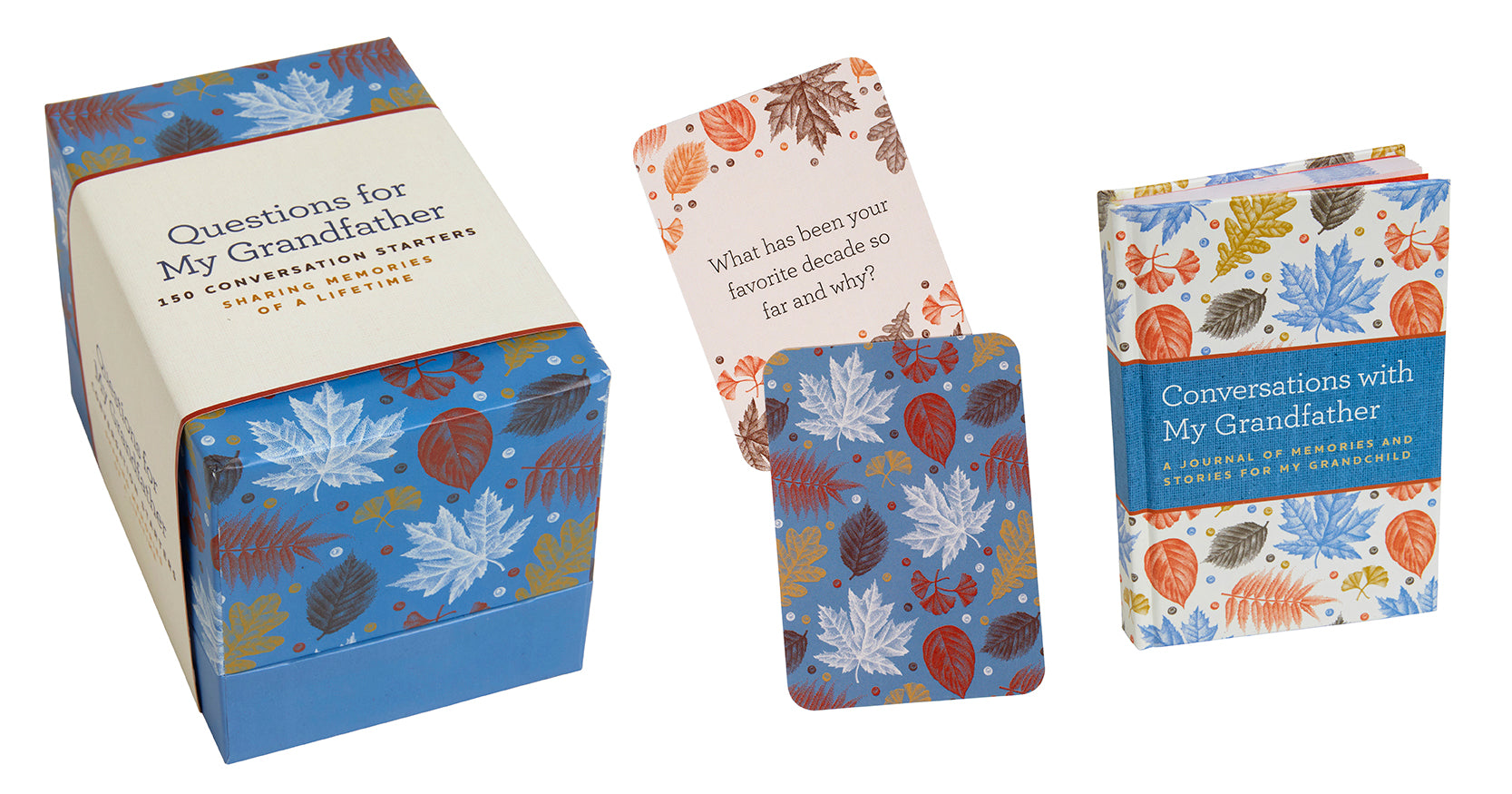 A stationery gift kit titled "Questions for My Grandfather" by Insight Editions, featuring cards and writing materials for family conversations.