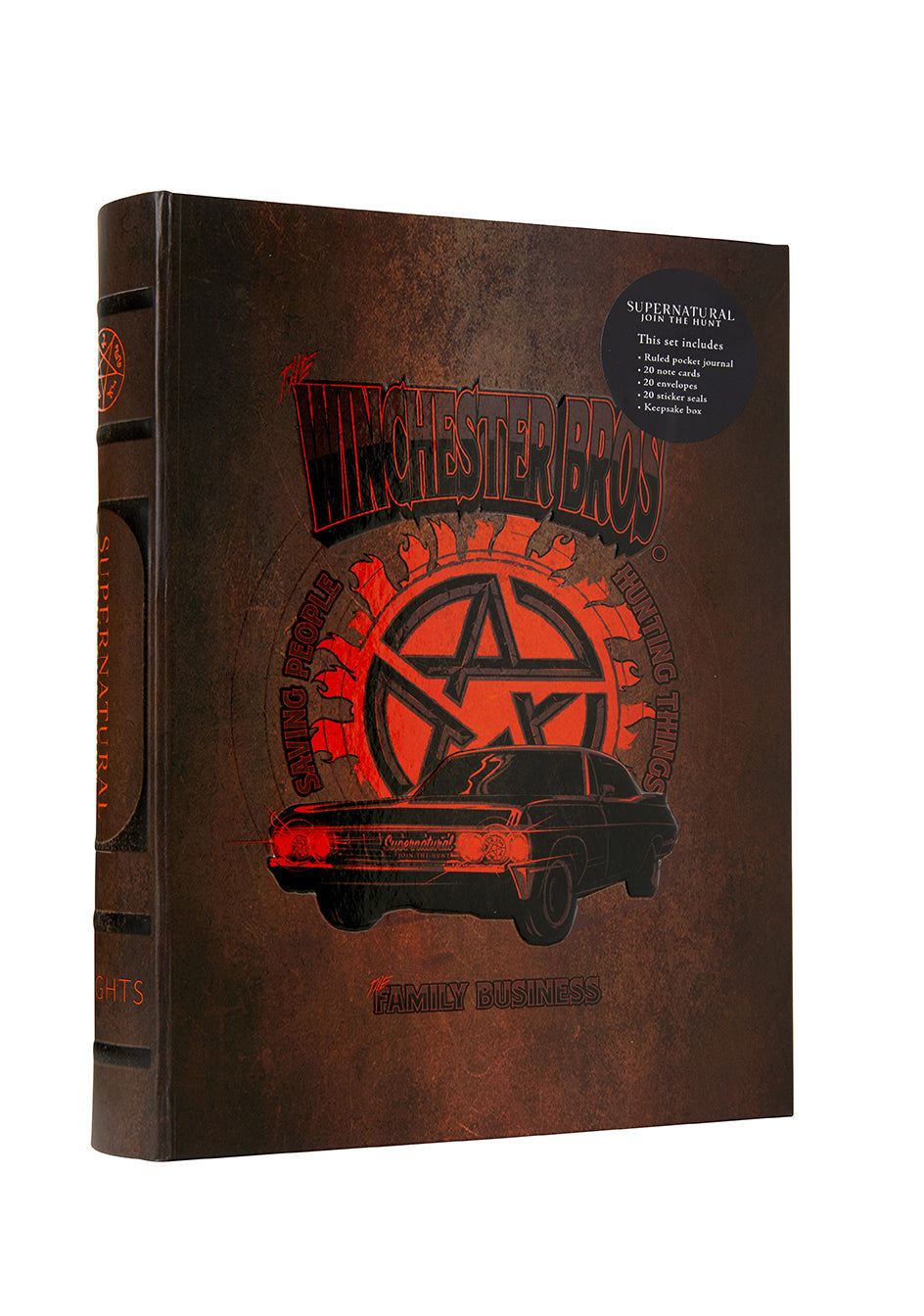 Inside view of the Supernatural Deluxe Note Card Set by Insight Editions, featuring themed stationery and a keepsake box.