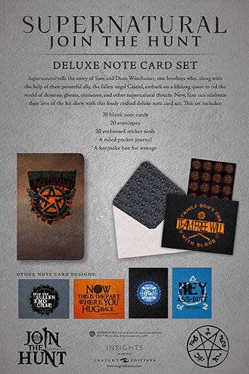 Interior view of the Insight Editions Supernatural Deluxe Note Card Set with matching keepsake box, featuring themed stationery and design details.