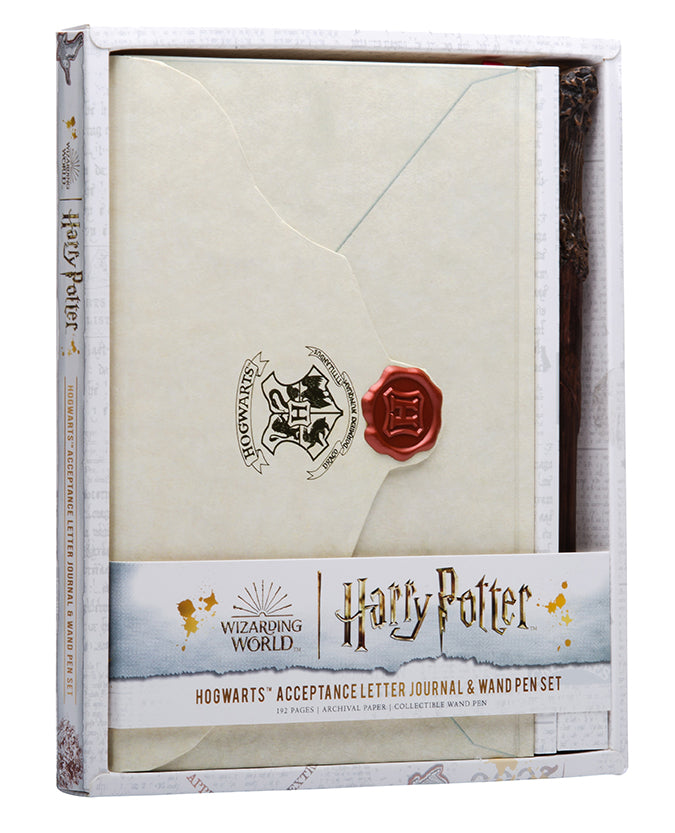 Hardbound Harry Potter Hogwarts Acceptance Letter journal and wand pen set by Insight Editions, featuring magical design and detailed craftsmanship.
