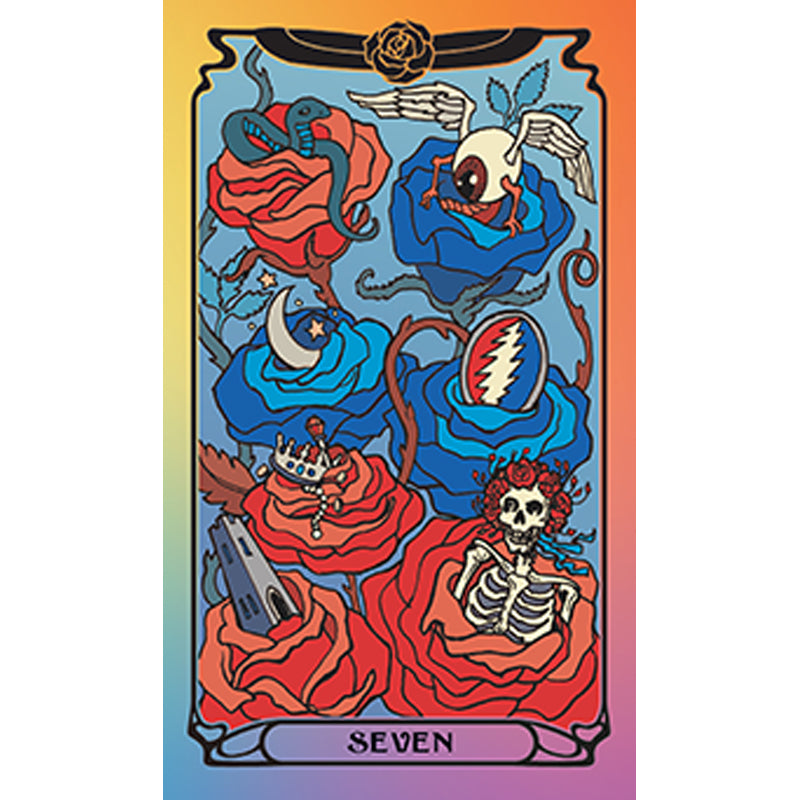 Softbound Grateful Dead tarot deck and guidebook kit by Insight Editions, featuring colorful tarot cards and instructional guide.
