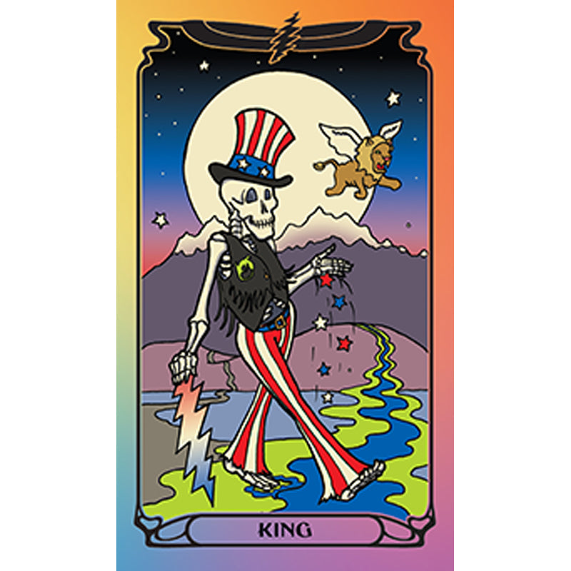 Softbound Grateful Dead tarot deck and guidebook kit by Insight Editions, featuring colorful illustrated tarot cards and a guidebook.