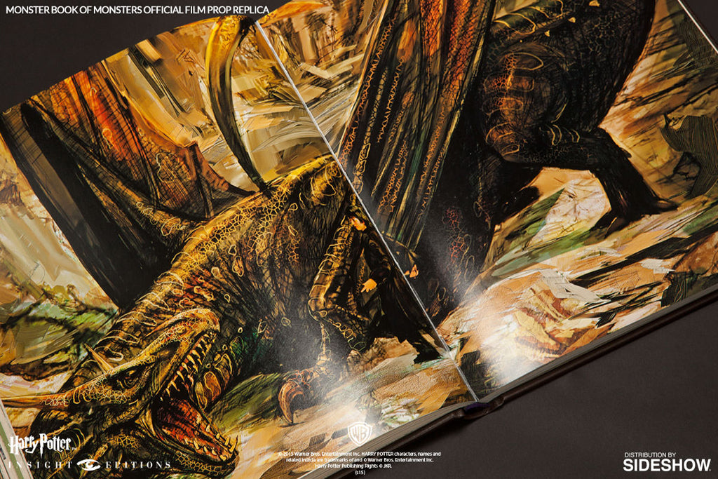 Limited edition Harry Potter Monster Book of Monsters replica by Insight Editions, open showing detailed pages inside.