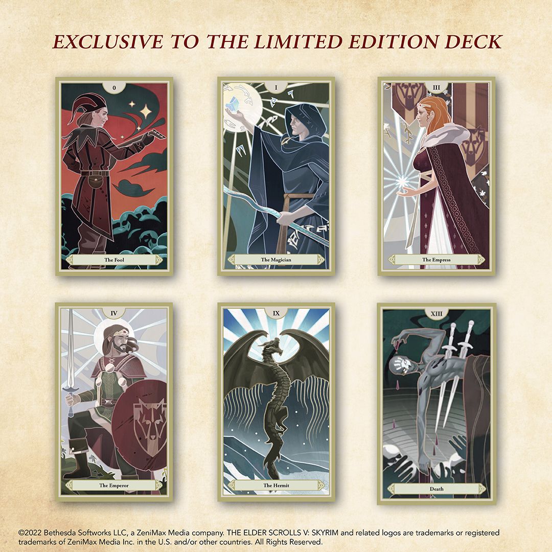 Limited Edition Skyrim Tarot Deck and Guidebook by Insight Editions, featuring detailed cards and thematic artwork from The Elder Scrolls V.