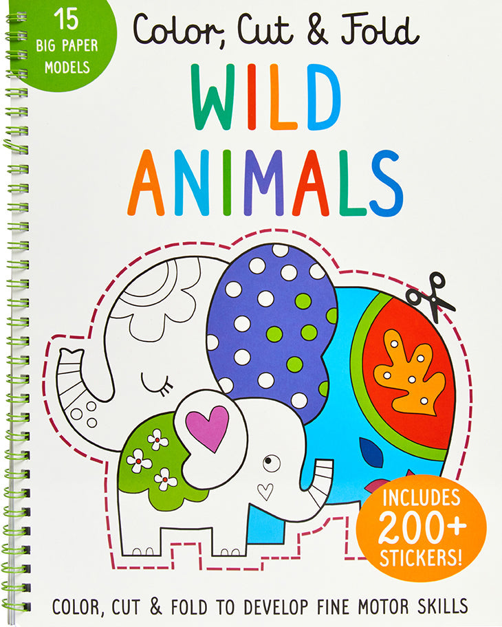 Softcover book titled "Color, Cut, and Fold: Wild Animals" by Insight Editions featuring vibrant animal illustrations and interactive folding pages.
