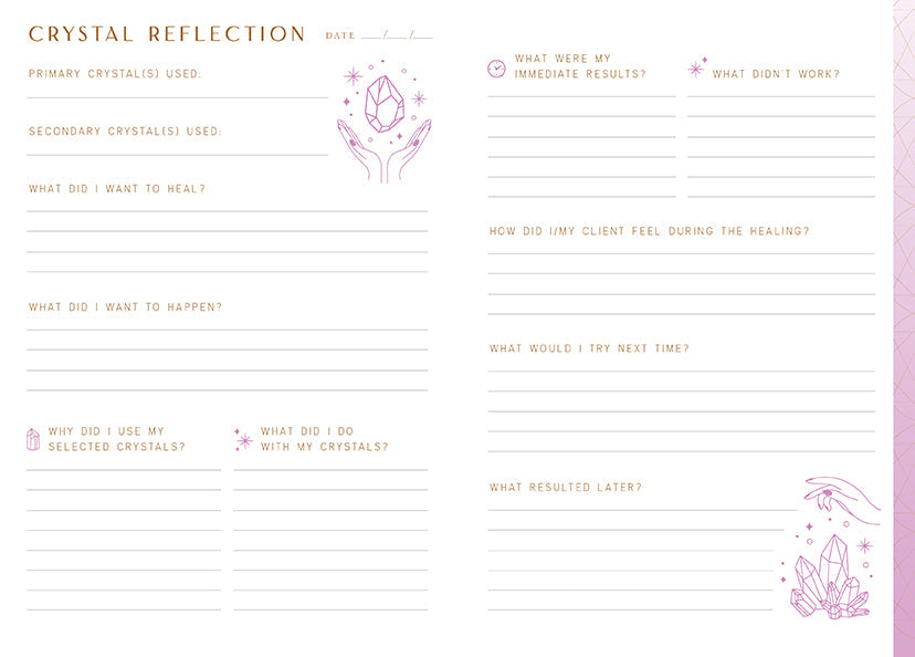 Softcover Crystal Healing Reflection Journal by Insight Editions with colorful crystal illustrations on the cover.