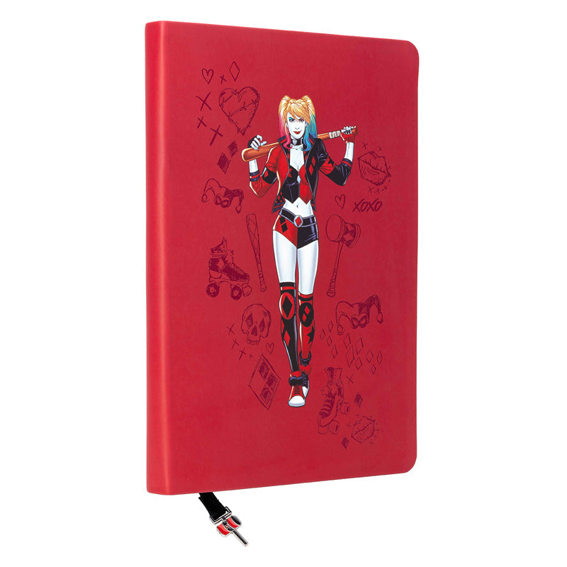 Softcover DC Harley Quinn journal with ribbon charm by Insight Editions, featuring colorful comic-style artwork on the cover.