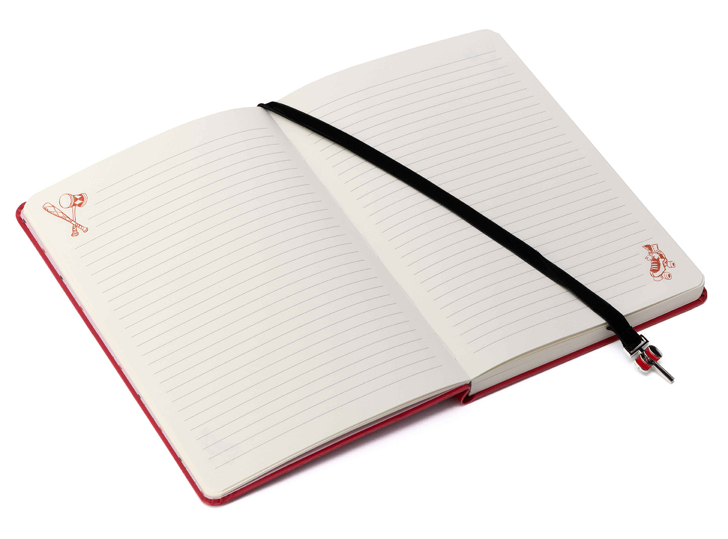 Softcover Harley Quinn journal by Insight Editions with ribbon charm, featuring colorful comic-style illustrations on the cover.