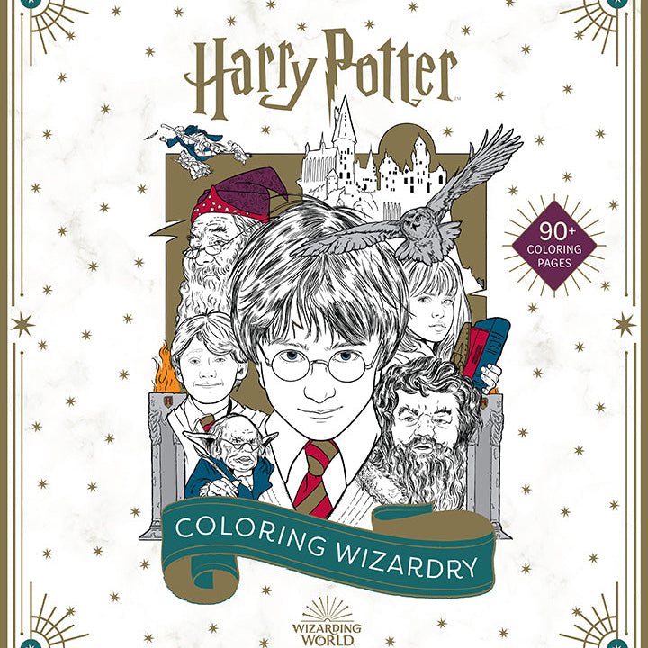 Softcover Harry Potter coloring book titled "Coloring Wizardry" by Insight Editions, featuring magical illustrations on the cover.