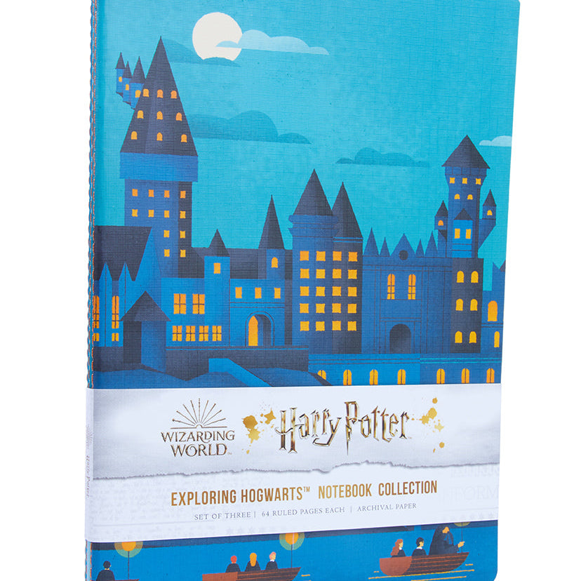 Set of three Harry Potter Exploring Hogwarts sewn softcover notebooks by Insight Editions with magical-themed covers.
