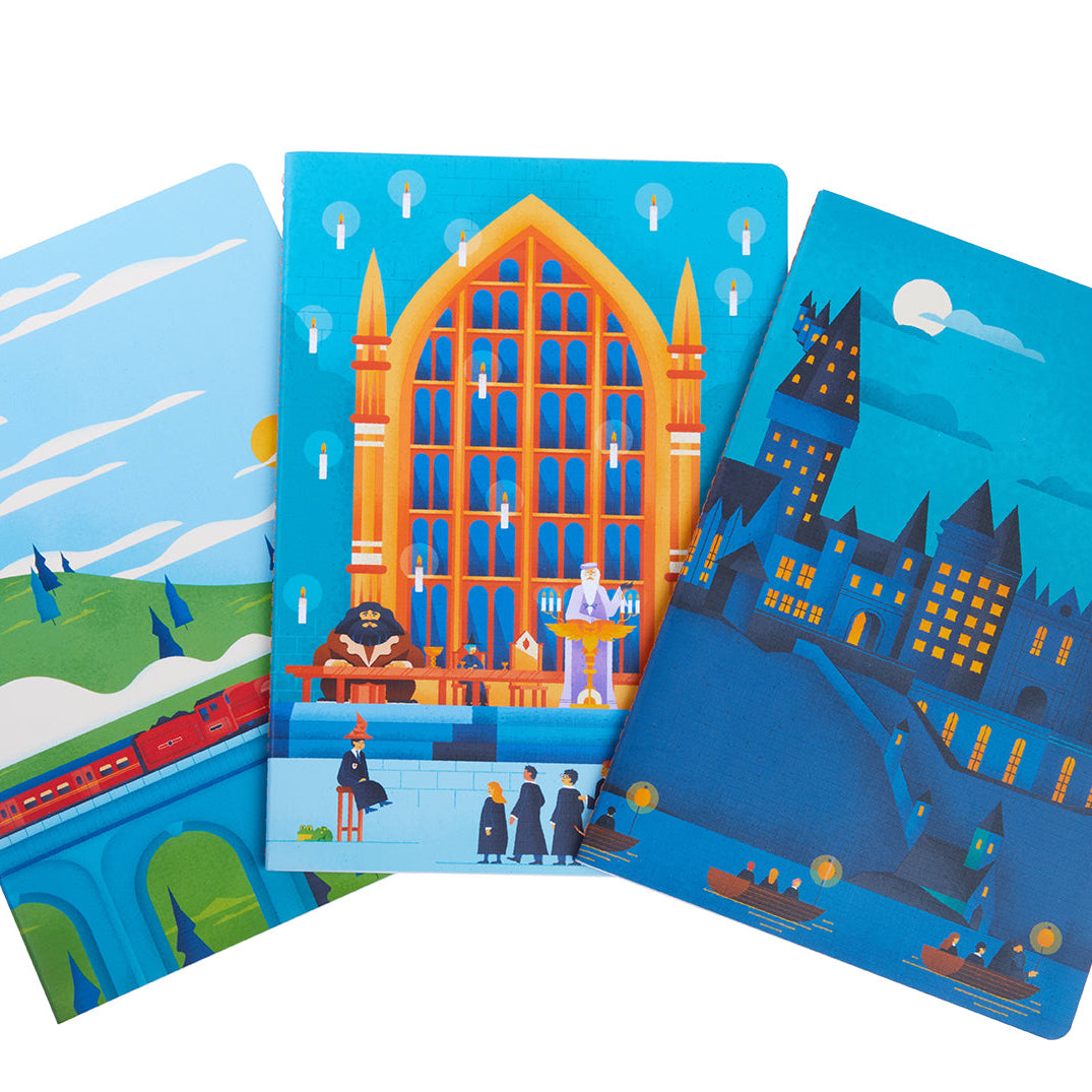Set of 3 Harry Potter Exploring Hogwarts sewn softcover notebooks by Insight Editions, featuring magical cover designs.