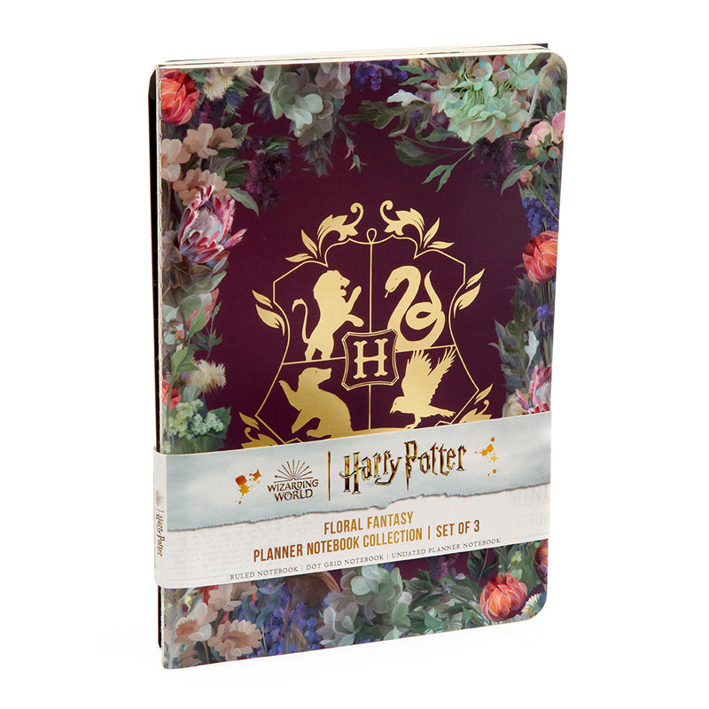 Set of 3 Harry Potter Floral Fantasy softcover planner notebooks from Insight Editions featuring magical floral designs.