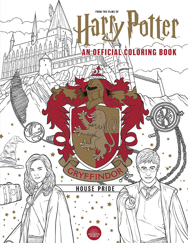 Softcover Harry Potter Gryffindor House Pride coloring book by Insight Editions with illustrated pages featuring Gryffindor symbols and scenes.