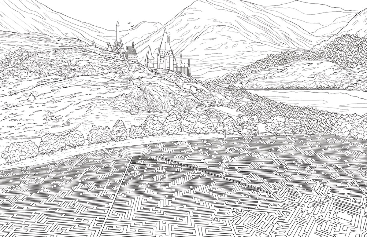 Open coloring book page from Harry Potter Hufflepuff House Pride softcover by Insight Editions, featuring magical house symbols.