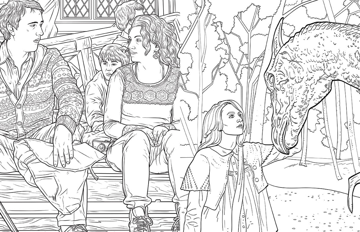 Open Harry Potter Ravenclaw House Pride coloring book interior with detailed illustrations on softcover Insight Editions book page.