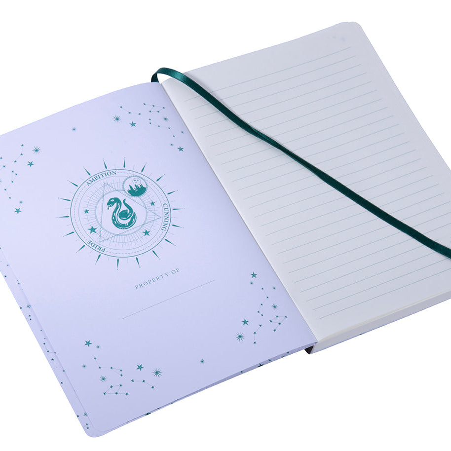 Slytherin Constellation softcover notebook with Harry Potter branding, featuring a dark green cover with constellation designs.