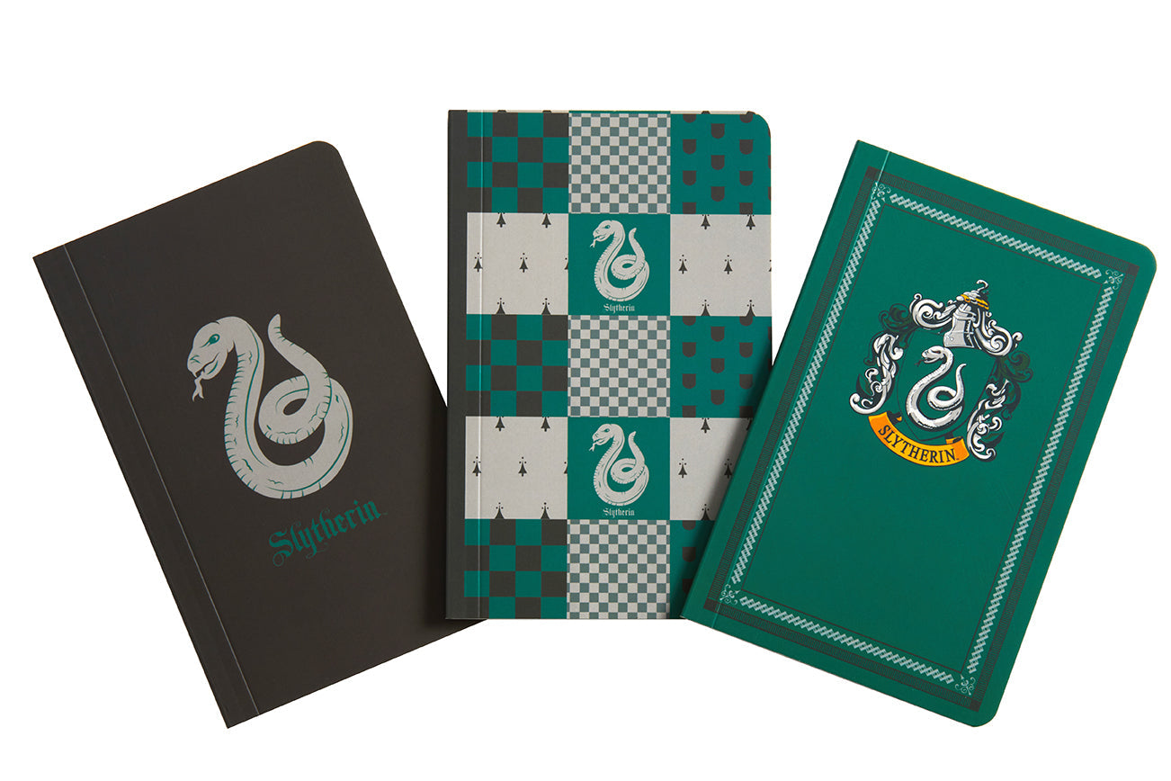 Set of 3 Harry Potter Slytherin softcover pocket notebooks by Insight Editions, featuring green covers and Slytherin emblem designs.