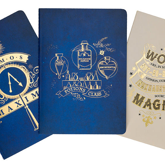 Set of three Harry Potter Spell and Potions planner notebooks by Insight Editions, softcover with magical-themed covers.