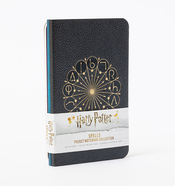 Set of 3 Harry Potter softcover pocket notebooks featuring spell designs by Insight Editions, perfect for magical note-taking.
