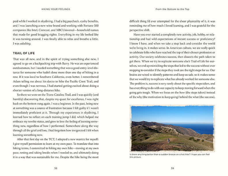 Softcover copy of "Hiking Your Feelings" book by Insight Editions, featuring a nature-inspired cover design.