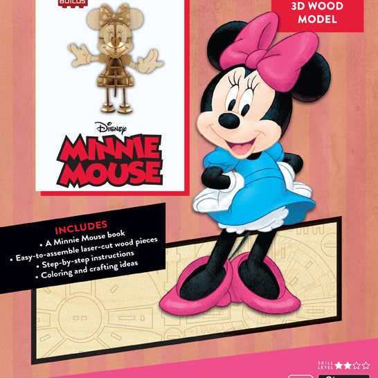 Softcover Disney Minnie Mouse book and 3D wood model by IncrediBuilds, featuring colorful illustrations and a detailed craft model.
