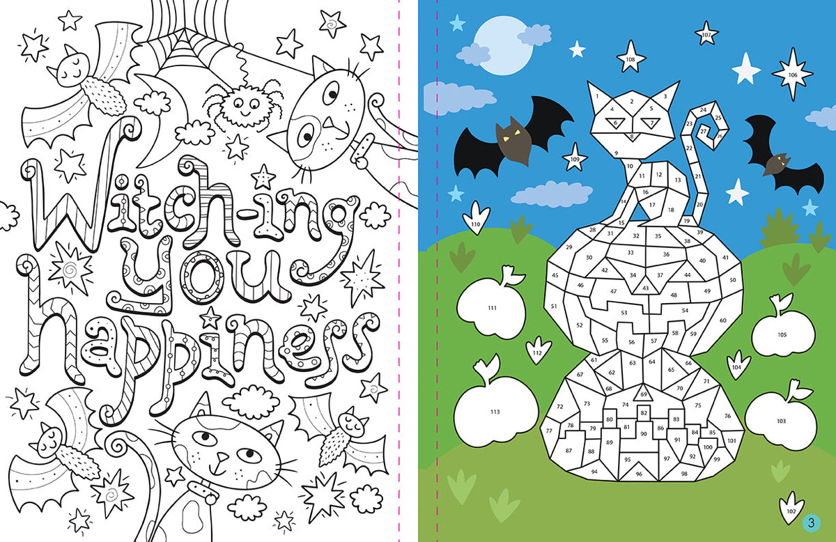 Inside view of the softcover Mindful Sticker By Number Halloween activity book by Insight Editions with colorful pages and stickers.
