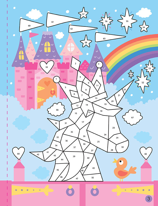 Softcover mindfulness sticker by number book featuring colorful unicorn illustrations for relaxation and creative activity.