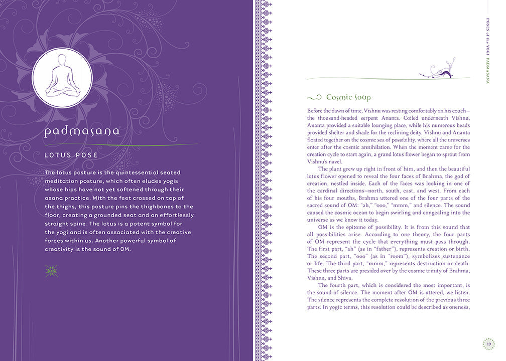 Softcover copy of Myths of the Asanas book by Insight Editions, featuring a cover with illustrations related to yoga poses.
