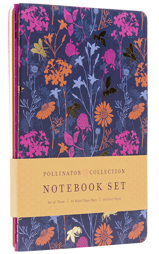 Set of three Insight Editions Pollinators sewn softcover notebooks with colorful insect and flower illustrations.