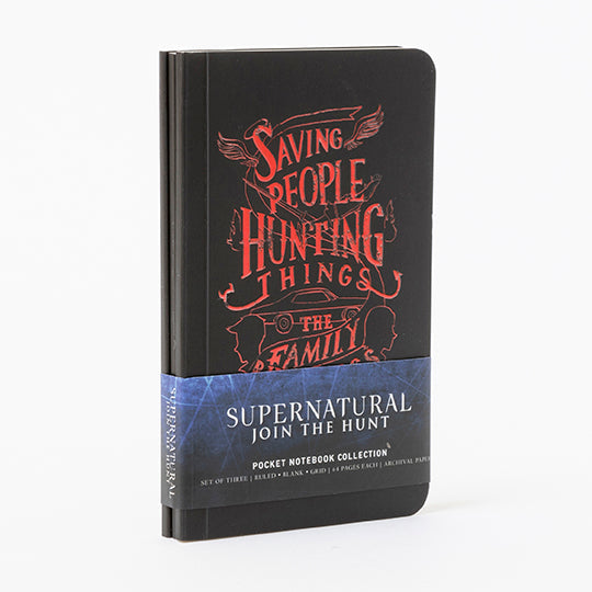 Interior of Insight Editions Supernatural Pocket Notebook Collection set of 3, softcover with themed pages and artwork.