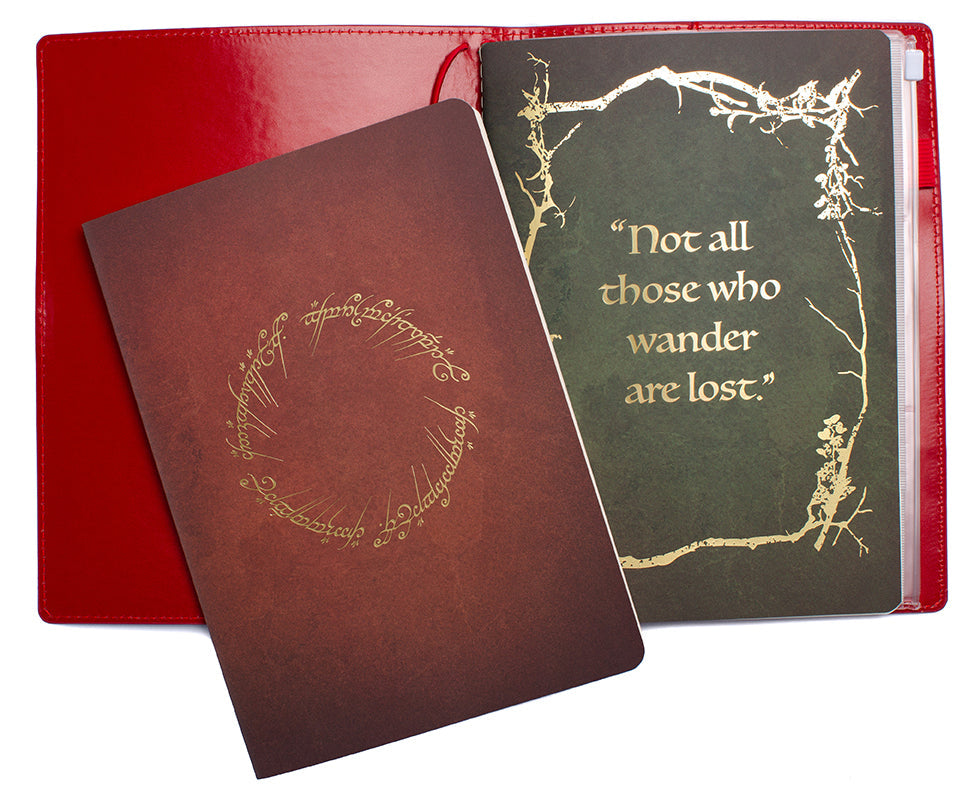 Inside view of The Lord of the Rings Red Book of Westmarch Traveler's Notebook Set by Insight Editions, softcover with detailed pages.