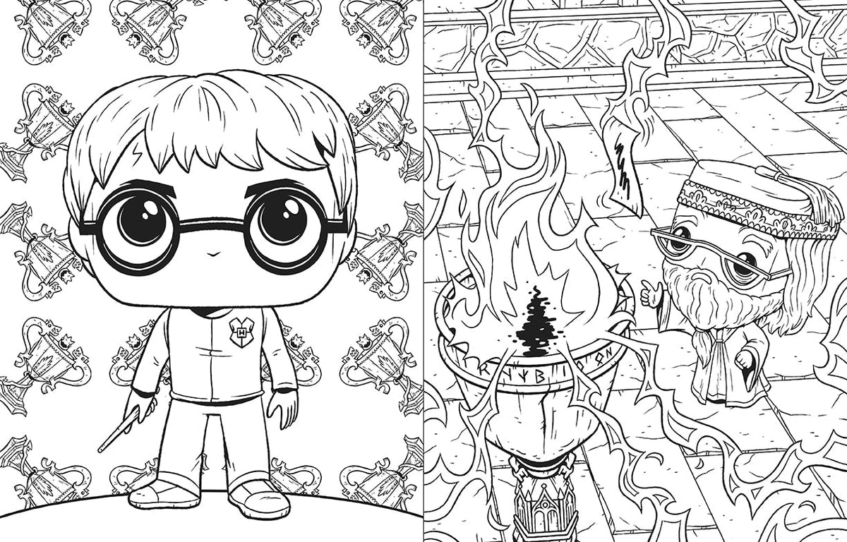 Inside pages of the Insight Editions Harry Potter coloring book featuring detailed illustrations for coloring.
