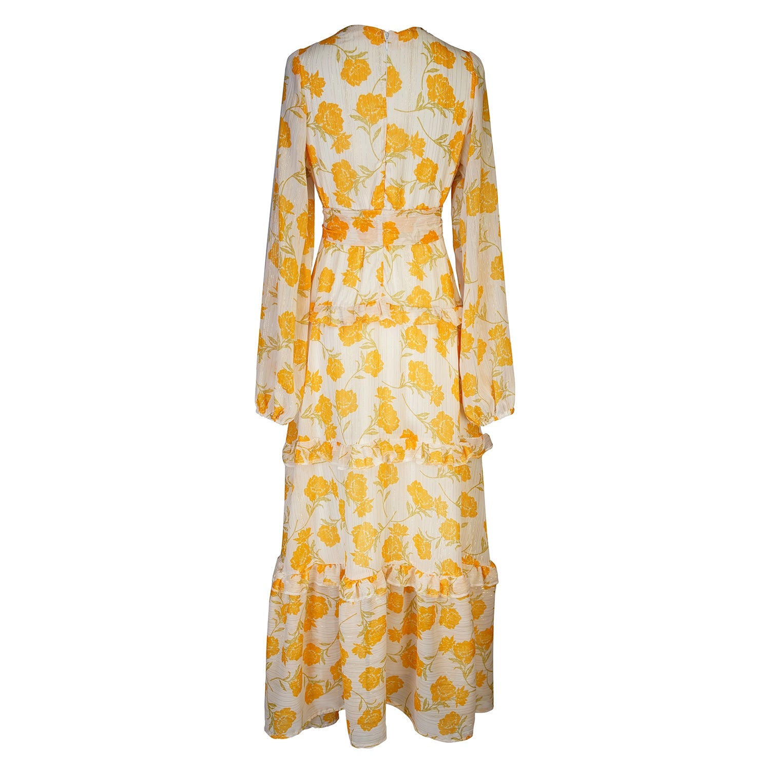 Jennafer Grace Amarillo Love Maxi Dress shown flat, featuring a vibrant yellow color, flowing fabric, and sleeveless design.