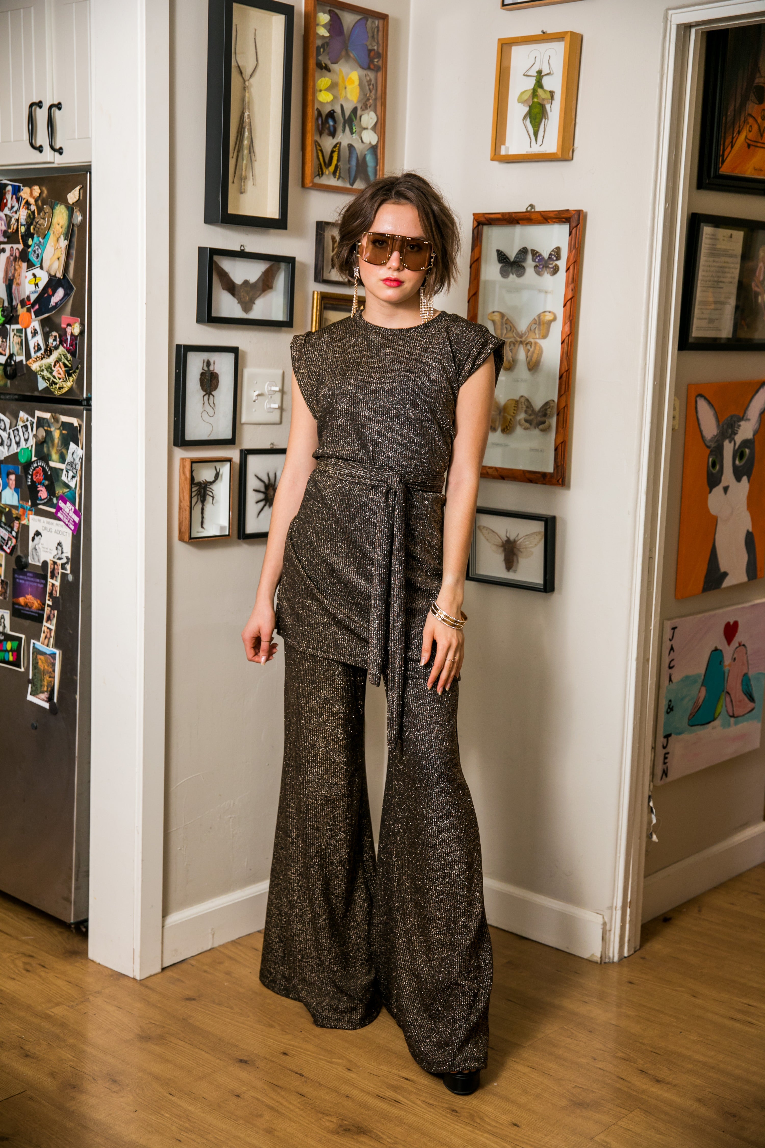 Jennafer Grace Aura Gold Palazzo Pant featuring flowy, gold-toned wide-leg fabric with a relaxed fit and stylish silhouette.