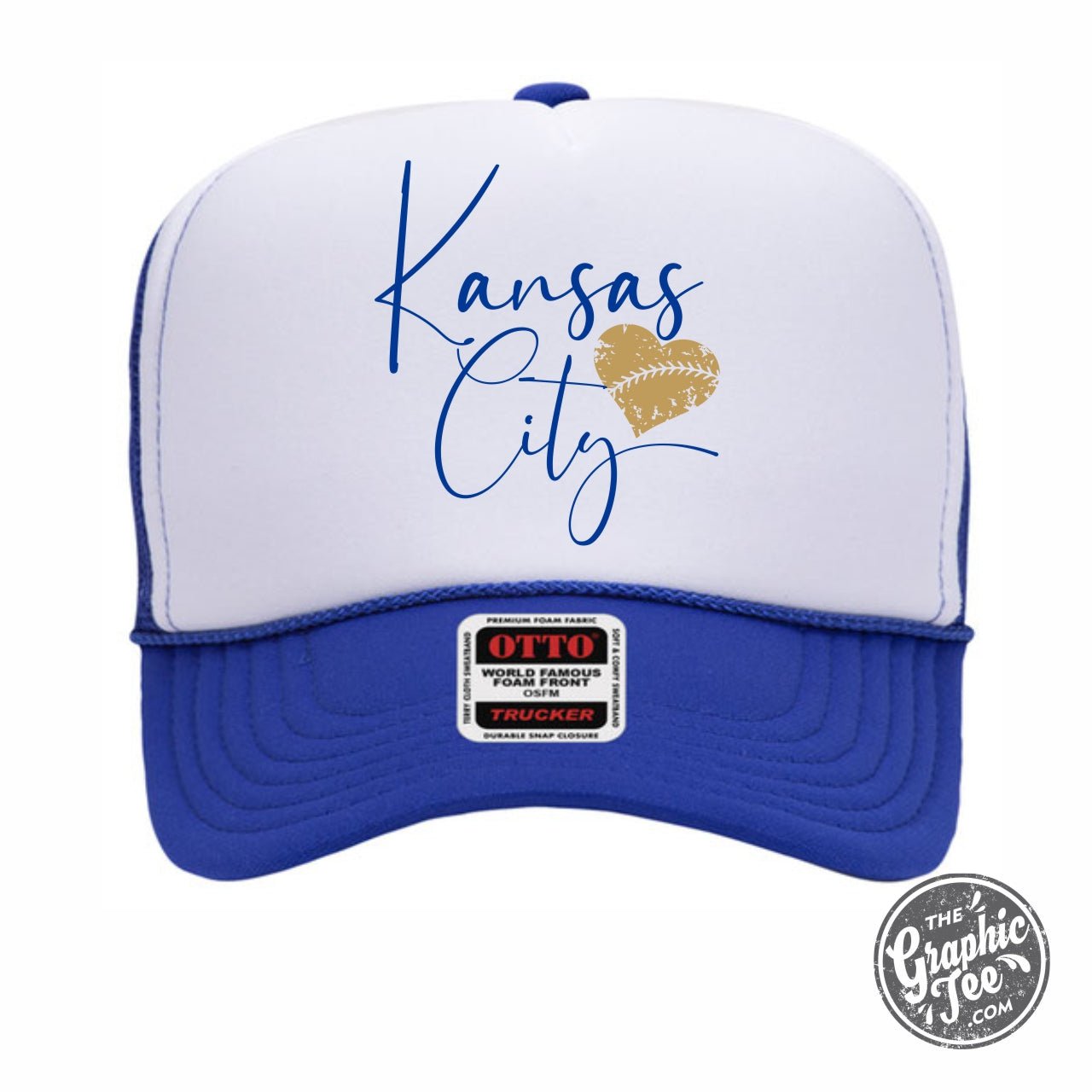 Kansas City Baseball Heart Foam Trucker Cap by The Graphic Tee featuring a foam front panel and adjustable snapback closure.
