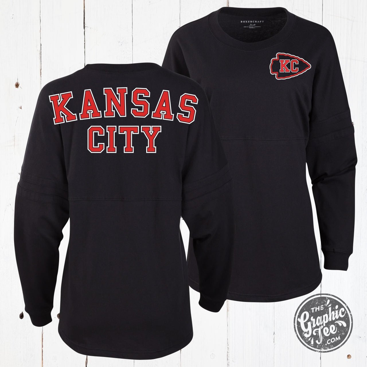 Kansas City Black Ladies Pom Pom Jersey LS Graphic Tee by The Graphic Tee, showing a casual long-sleeve shirt with pom pom details.