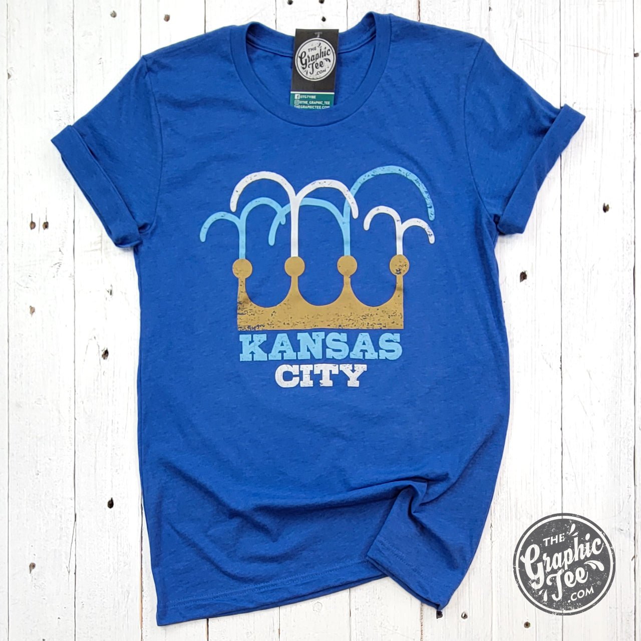 Kansas City Fountain Crown short sleeve graphic tee by The Graphic Tee, featuring city fountain and crown design on black fabric.