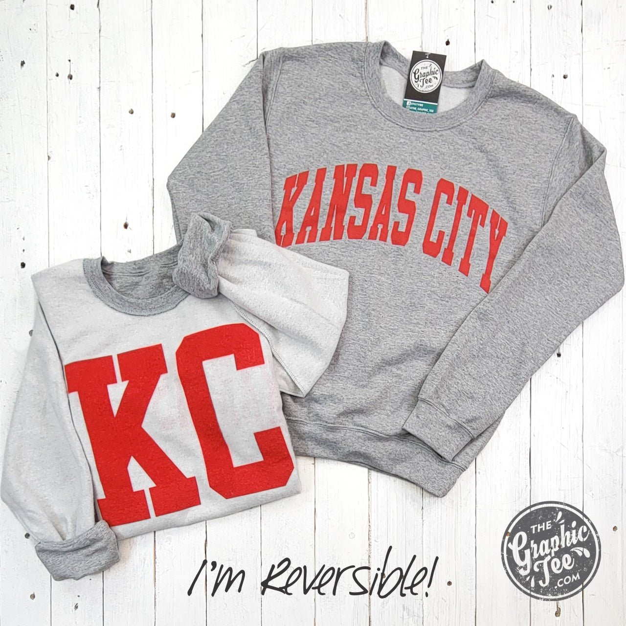 Kansas City reversible sport grey crewneck sweatshirt by The Graphic Tee, showing front and back design with casual fit and soft fabric.