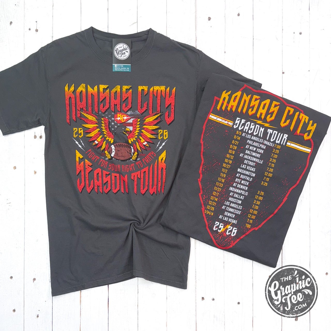 Unisex Kansas City Season Tour concert graphic T-shirt with comfort wash finish, short sleeves, by The Graphic Tee.