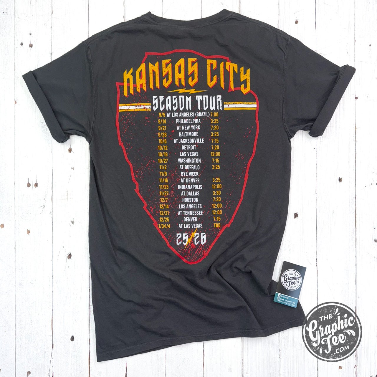 Unisex Kansas City Season Tour Concert Comfort Wash graphic short sleeve T-shirt by The Graphic Tee, featuring tour-themed design.
