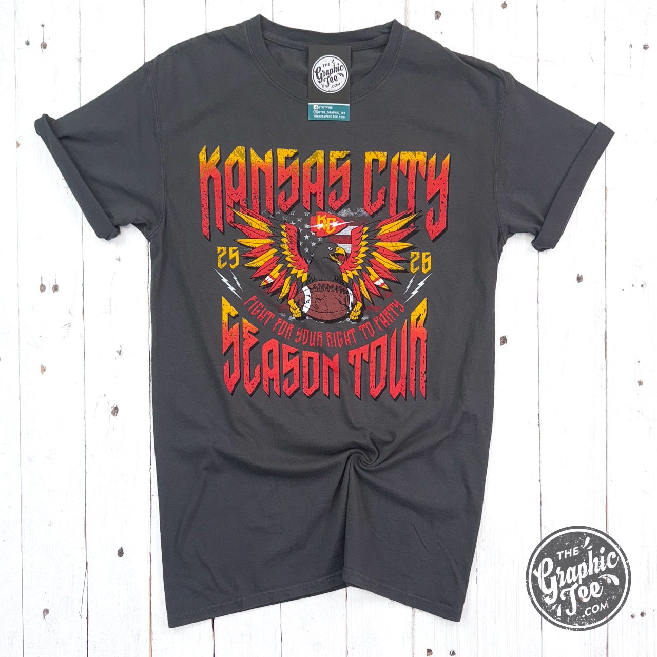 Unisex Kansas City Season Tour concert graphic short sleeve tee by The Graphic Tee, featuring a comfort wash finish and vibrant design.
