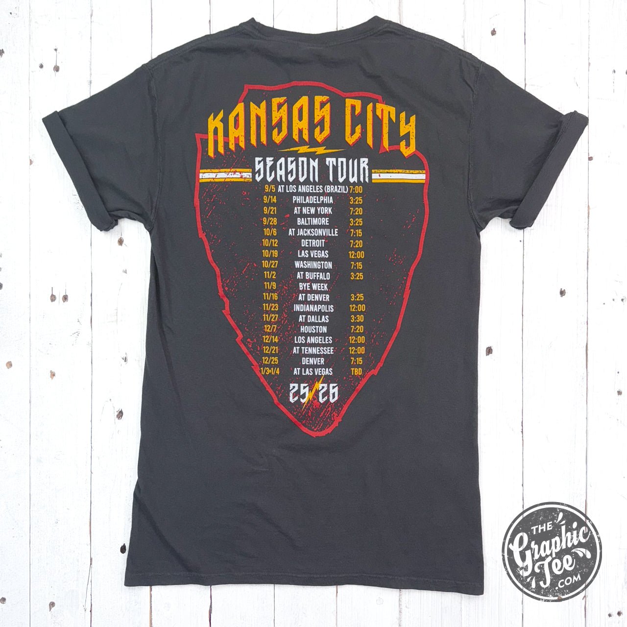 Unisex short sleeve graphic T-shirt from The Graphic Tee featuring Kansas City Season Tour concert design.