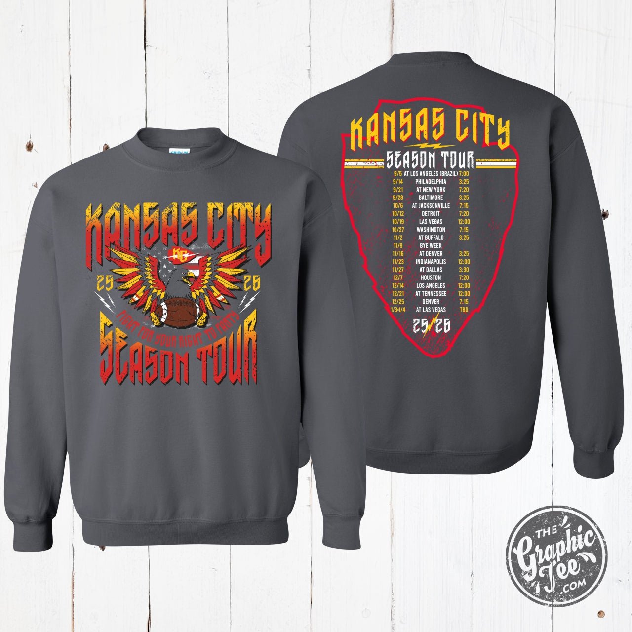 Kansas City Season Tour concert crewneck sweatshirt by The Graphic Tee, featuring a graphic design on soft, comfortable fabric.