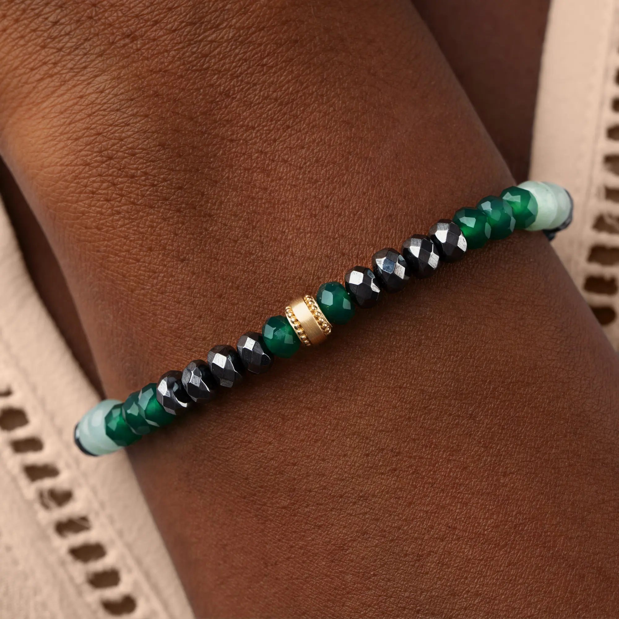 Karma and Luck Aurora Essence stretch gemstone bracelet for women featuring colorful beads and elastic design.