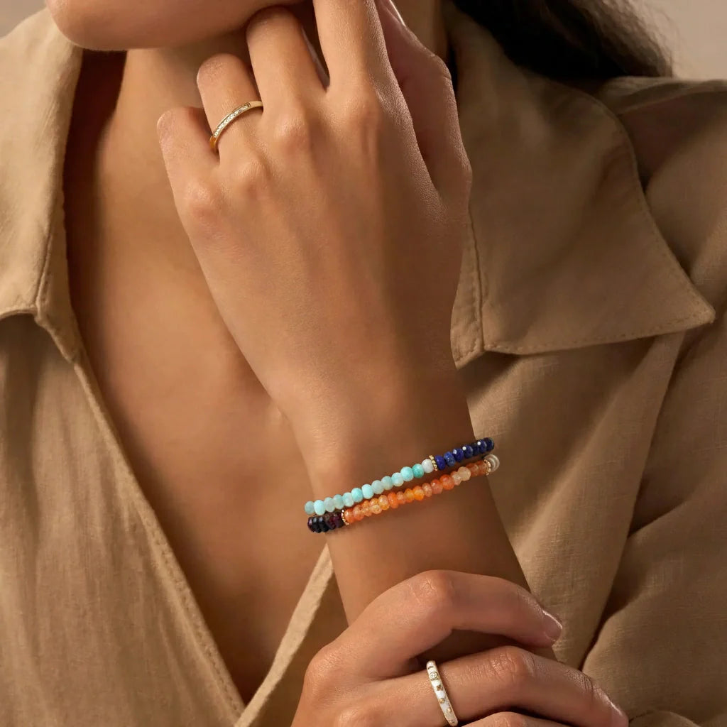 Karma and Luck Chakra Bloom gemstone heart wrap bracelet for women with colorful beads and a heart charm.